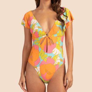 Trina Turk Playa De Flor Flutter Sleeve Maillot One Piece Swim suit Size 12 NWT